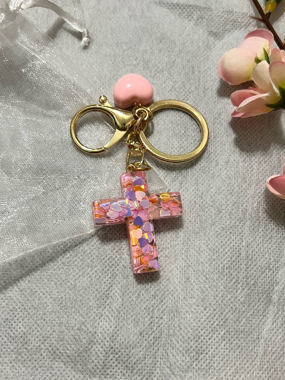 NWOT Pink Confetti Cross Keychain Bag charm with Gold Hardware
